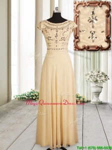 Discount See Through Back Beaded Cap Sleeves Chiffon Dama Dress in Champagne