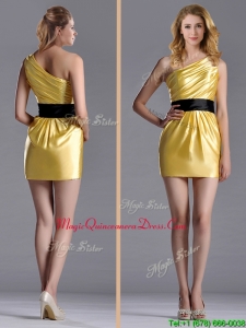 Exclusive One Shoulder Ruched and Belted Dama Dress with Side Zipper