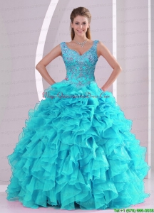 Fashionable Beading and Ruffles Quinceanera Dresses in Aqua Blue