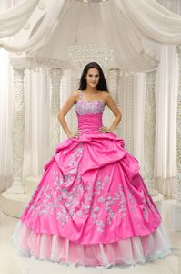 Hot Pink One Shoulder Organza Quinceanera Dress with Embroidery in Irving