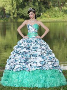 Colorful Printed Organza Beaded Quince Dress with Pick-ups and Ruffles in Bryan