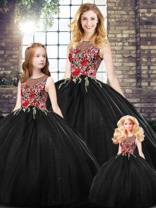 Black Quinceanera Dress Military Ball and Sweet 16 and Quinceanera with Embroidery Scoop Sleeveless Zipper