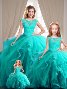 Edgy Scoop Cap Sleeves Lace Up Beading Sweet 16 Dresses in Aqua Blue