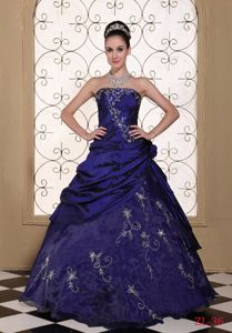 Strapless Royal Blue Long Dress for Quinces with Embroidery and Pick-ups