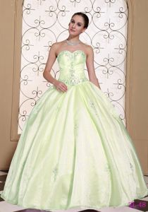 Cute Yellow Green Beaded Sweetheart Long Quince Dress with Appliques