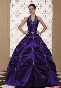 Halter Purple Long Dress for Quince with Embroidery and Pick-ups in Erie