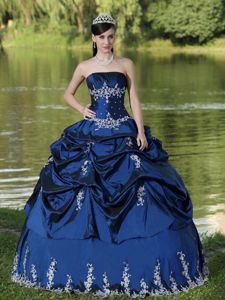 Navy Blue Quinceanera Gown Dress with Appliques and Pick-ups in Burnside
