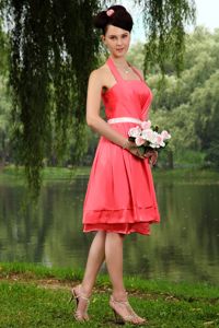 Coral Red Halter Ruched Party Dama Dresses with Ivory Sash in Universal City