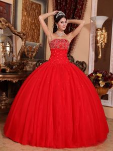 Red Strapless Floor-length Sweet Sixteen Dresses with Beading in Foley