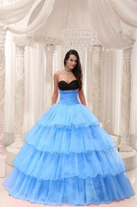 Pretty Black and Aqua Blue Quince Dress with Ruffled Layers and Beads