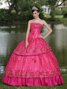 Memorable Hot Pink Appliqued Quinceanera Dress with Floral Embellishment