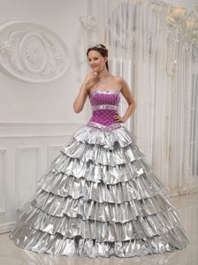 Silver A-line Strapless Satin and Taffeta Beading Quinceanera Gown Dress