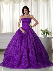 Modest Purple Strapless Full-length Dresses For Quinceanera with Flowers