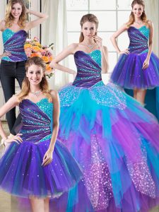 Fantastic Four Piece Tulle Sleeveless Floor Length Quinceanera Gown and Beading and Ruffles