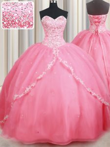Classical Watermelon Red Organza Lace Up Sweetheart Sleeveless With Train Quince Ball Gowns Brush Train Beading and Appliques