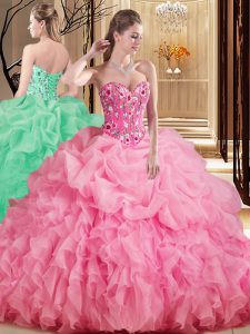 Sleeveless Brush Train Embroidery and Ruffles and Pick Ups Lace Up 15th Birthday Dress