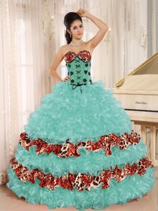 Ruffles and Appliques for Leopard Apple Green Sweet 15 Dresses in Alpine