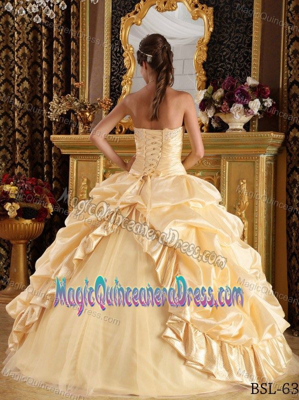 Pretty Lace-up Champagne Long Quince Dresses with Beading and Pick-ups
