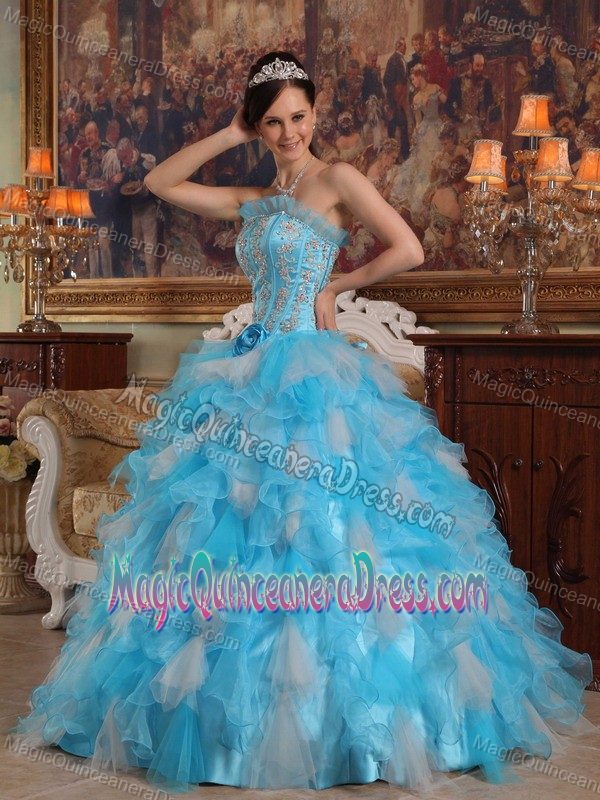 Strapless Floor-length Quinceanera Gown Dresses in Aqua Blue with Appliques