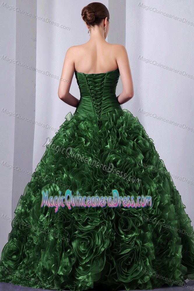 Green Princess Strapless Floor-length Quince Dress with Beading and Ruffles