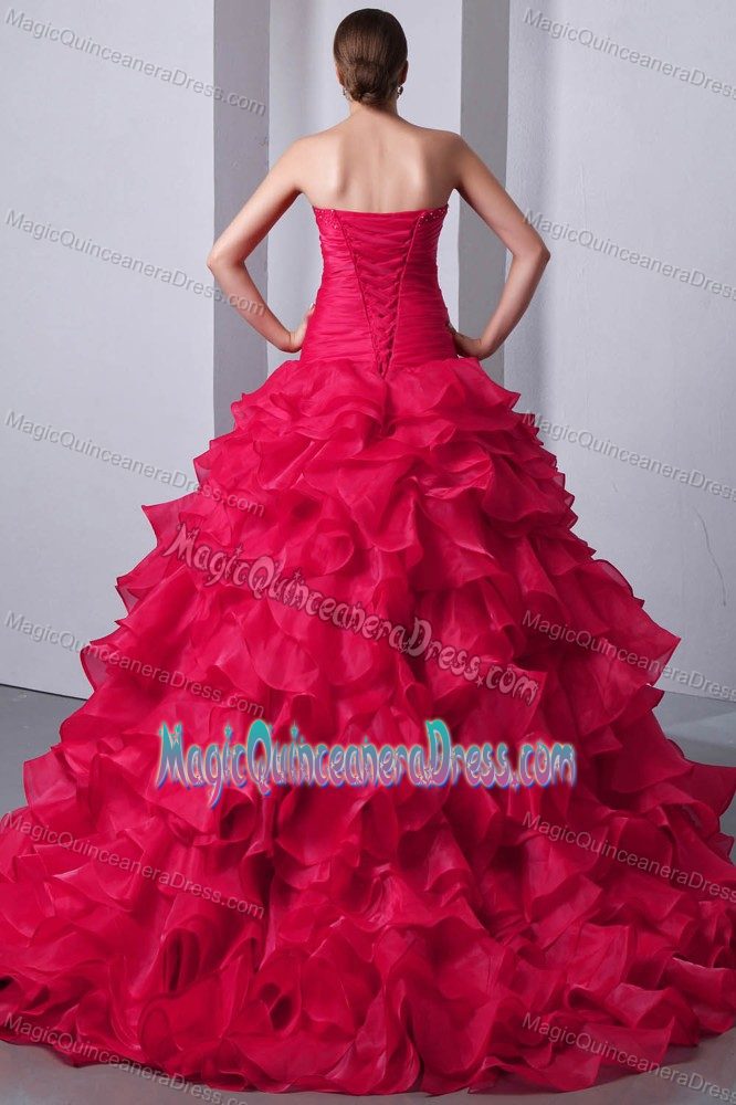 Sweetheart Brush Train Coral Red Sweet Sixteen Dress with Ruffles in Exira