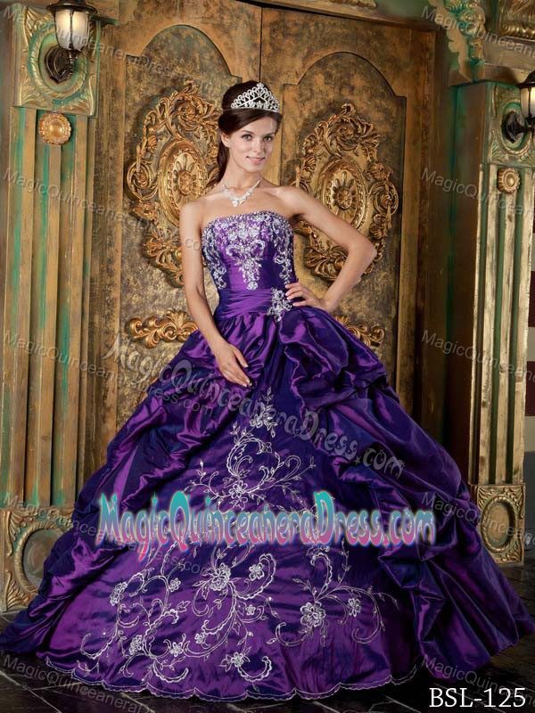 Attractive Strapless Eggplant Purple Quinceanera Gown with Embroidery