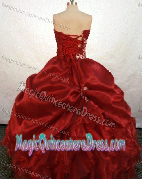 Wine Red Sweetheart Ruffled Applique Organza Quinceanera Party Dress