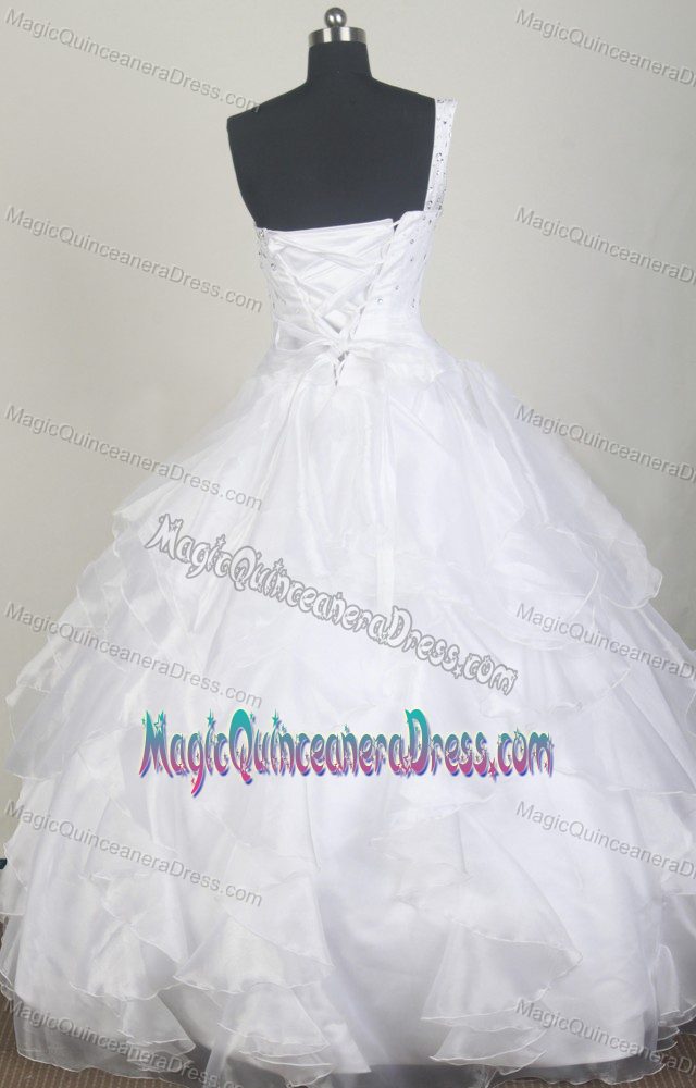 White One Shoulder Beading Ruffled Organza Discount Sweet 16 Dresses