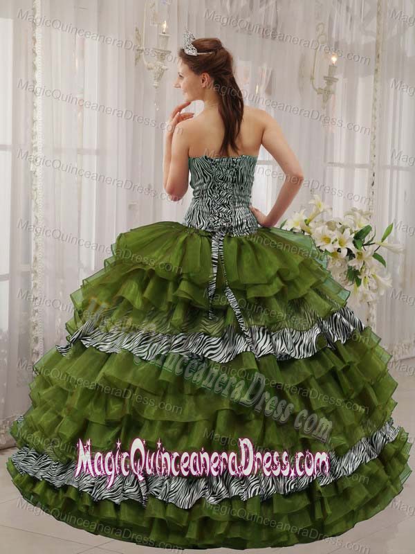 Olive Green Sweetheart Beaded Zebra Quinceanera Dress with Ruffled Layers
