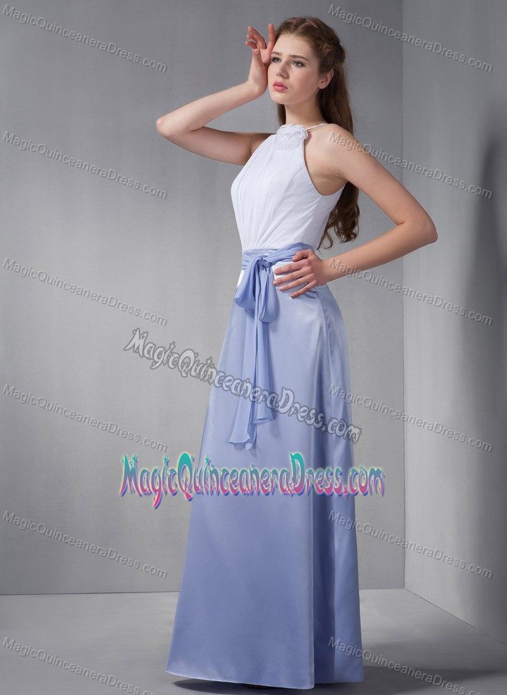 Ruched High-neck White and Lilac Long Prom Dress For Damas with Sash