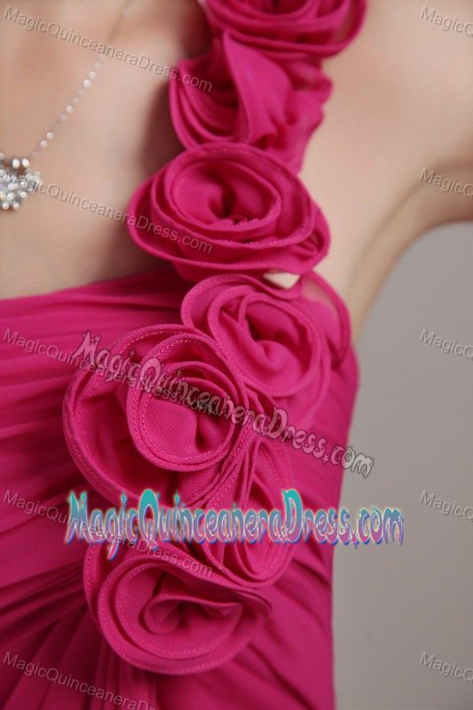 One Shoulder Knee-length Chiffon Hand Flowery Dama Dress in Hot Pink
