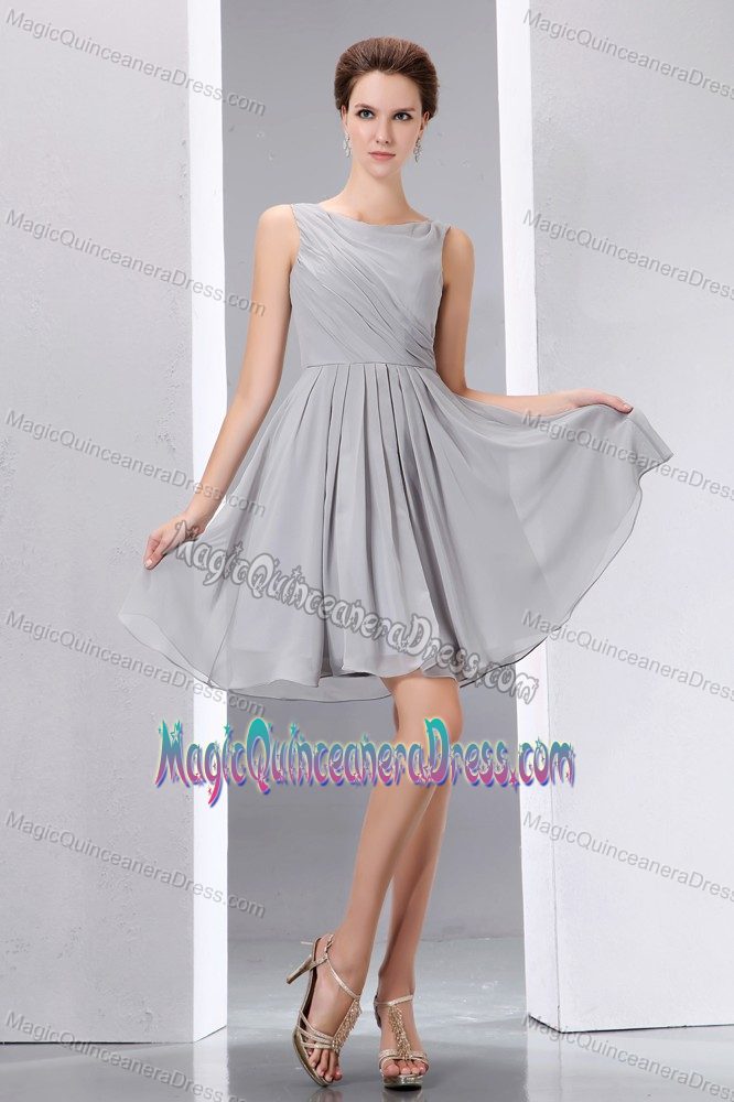 Pretty Grey Scoop Knee-length 15 Dresses For Damas in Chiffon with Ruches