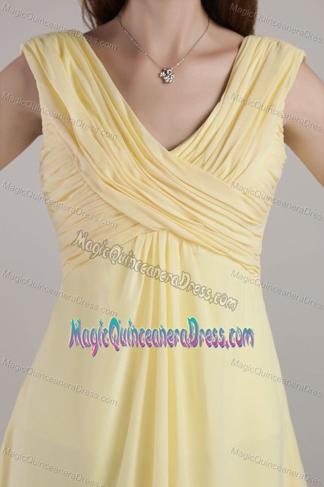 Light Yellow V-neck Ankle-length Chiffon Quince Dama Dresses in Bellevue