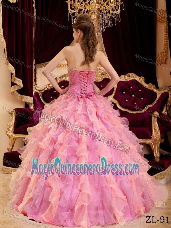 Cute Rose Pink Beaded Sweetheart Long Quince Dress with Ruffle-layers