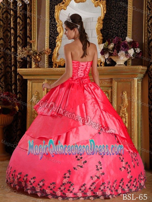 Coral Red Strapless Long Dresses For Quinceanera with Appliques and Layers