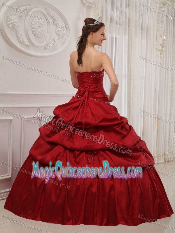 Strapless A-line Wine Red Dresses For Quinceanera with Pick-ups in Bristol