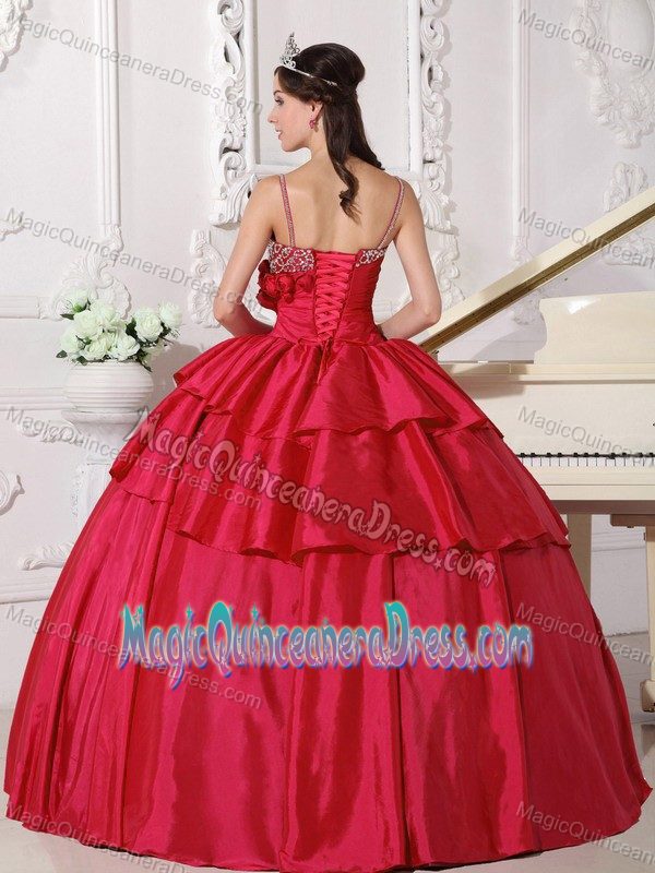 Coral Red Straps Floor-length Quince Dresses with Beading and Flowers