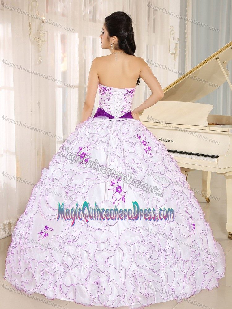 Exquisite Ruffled White Sweet 16 Dresses with Purple Embroidery Discount