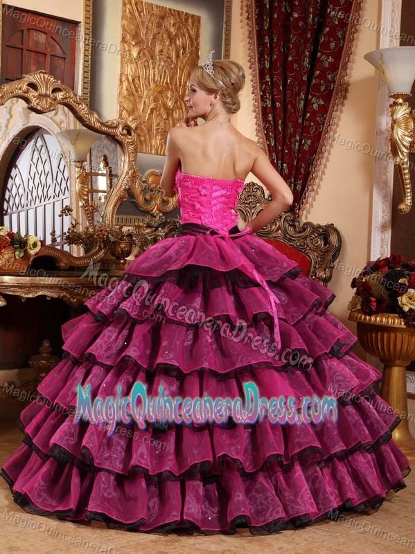 Hot Pink and Black Strapless Organza Appliques Quinceanera Dress in Charlottesville