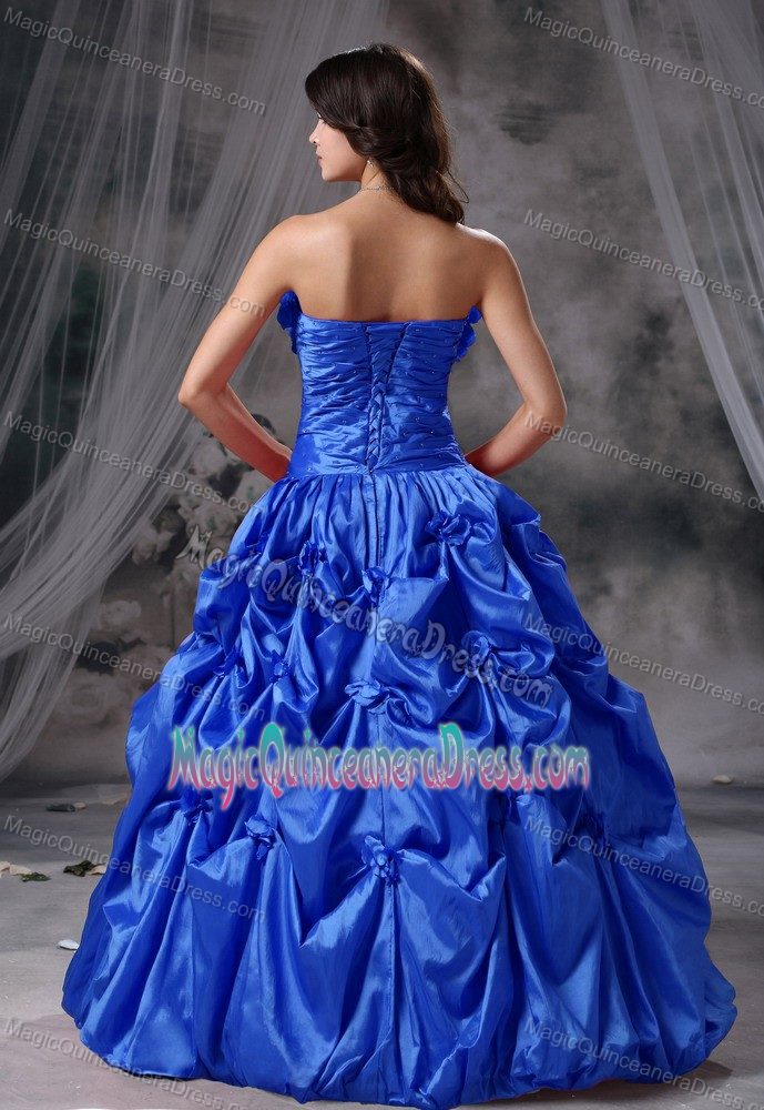 Hand Flowery Ruched Floor-length Blue Quince Dress with Pick-ups