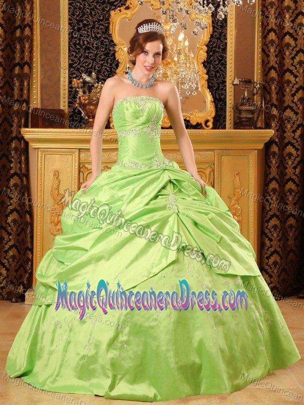 Spring Green Strapless Floor-length Taffeta Quince Dress with Beading in Racine