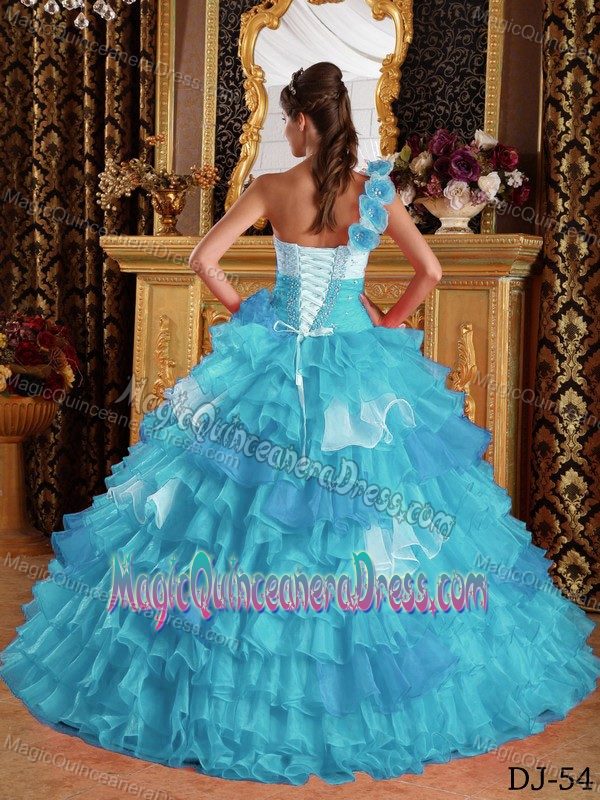 Aqua Blue One Shoulder Organza Ruffled Quinceanera Dress with Beading in Pullman