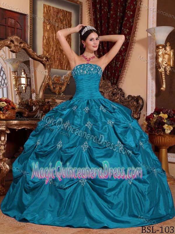 Teal Strapless Taffeta Appliques and Pick-ups Quinceanera Dress in ...