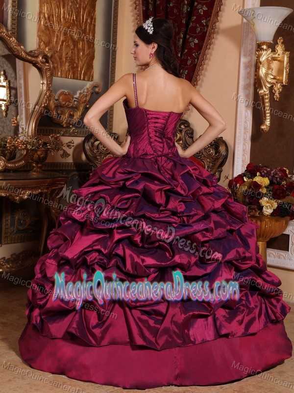 Wine Red One Shoulder Taffeta Pick-ups and Beading Quinceanera Gown Dress