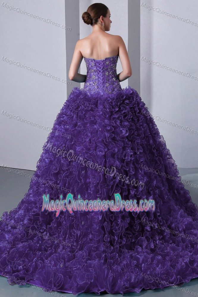 Purple Sweetheart Brush Train Quince Dress with Ruffles in Hermosa Beach