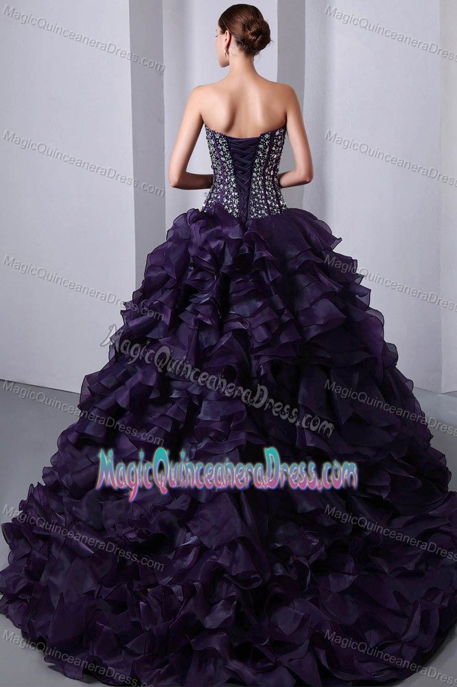 Purple Sweetheart Brush Train Quinceanera Gowns with Ruffles in Auburn