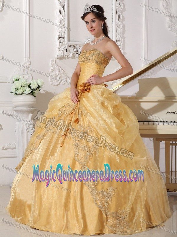 Gold Strapless Long Quinces Dresses with Embroidery and Flower in Lisle