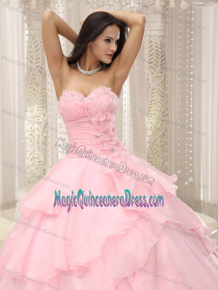 Baby Pink Ruched Sweetheart Long Quince Dress with Flowers and Layers