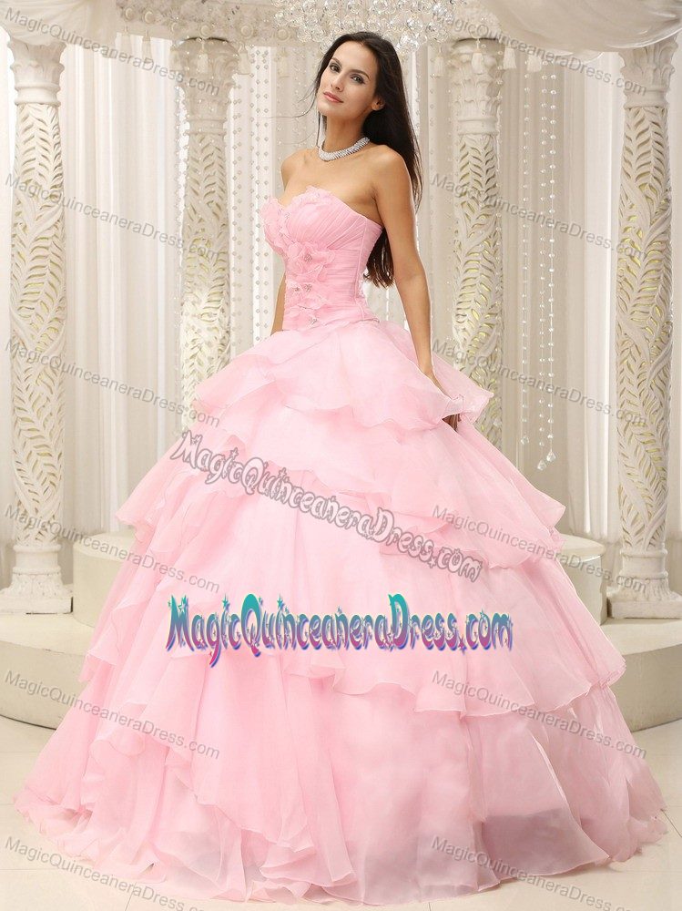 Baby Pink Ruched Sweetheart Long Quince Dress with Flowers and Layers