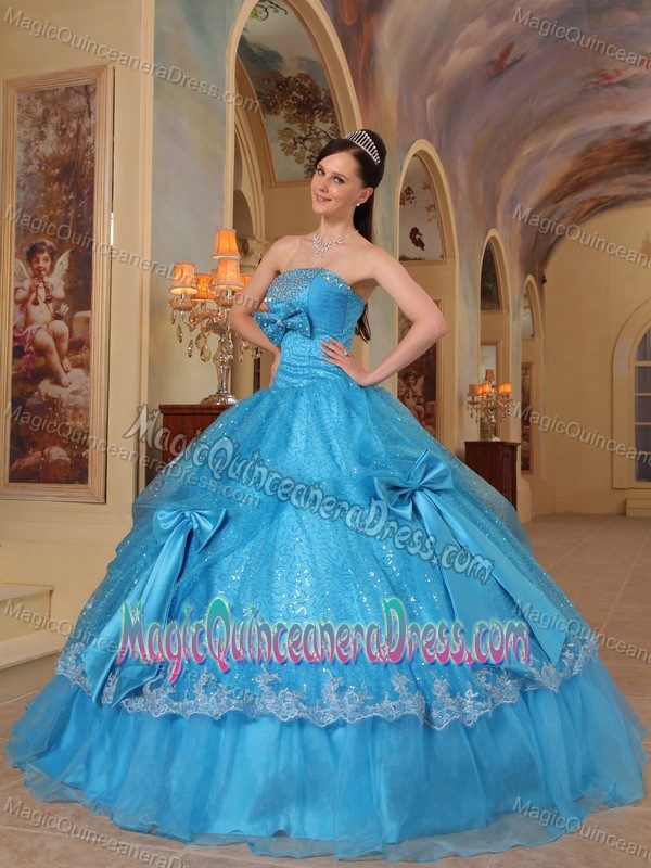 Aqua Blue Strapless Bows Sequins and Organza Dress for Quince in McLean VA